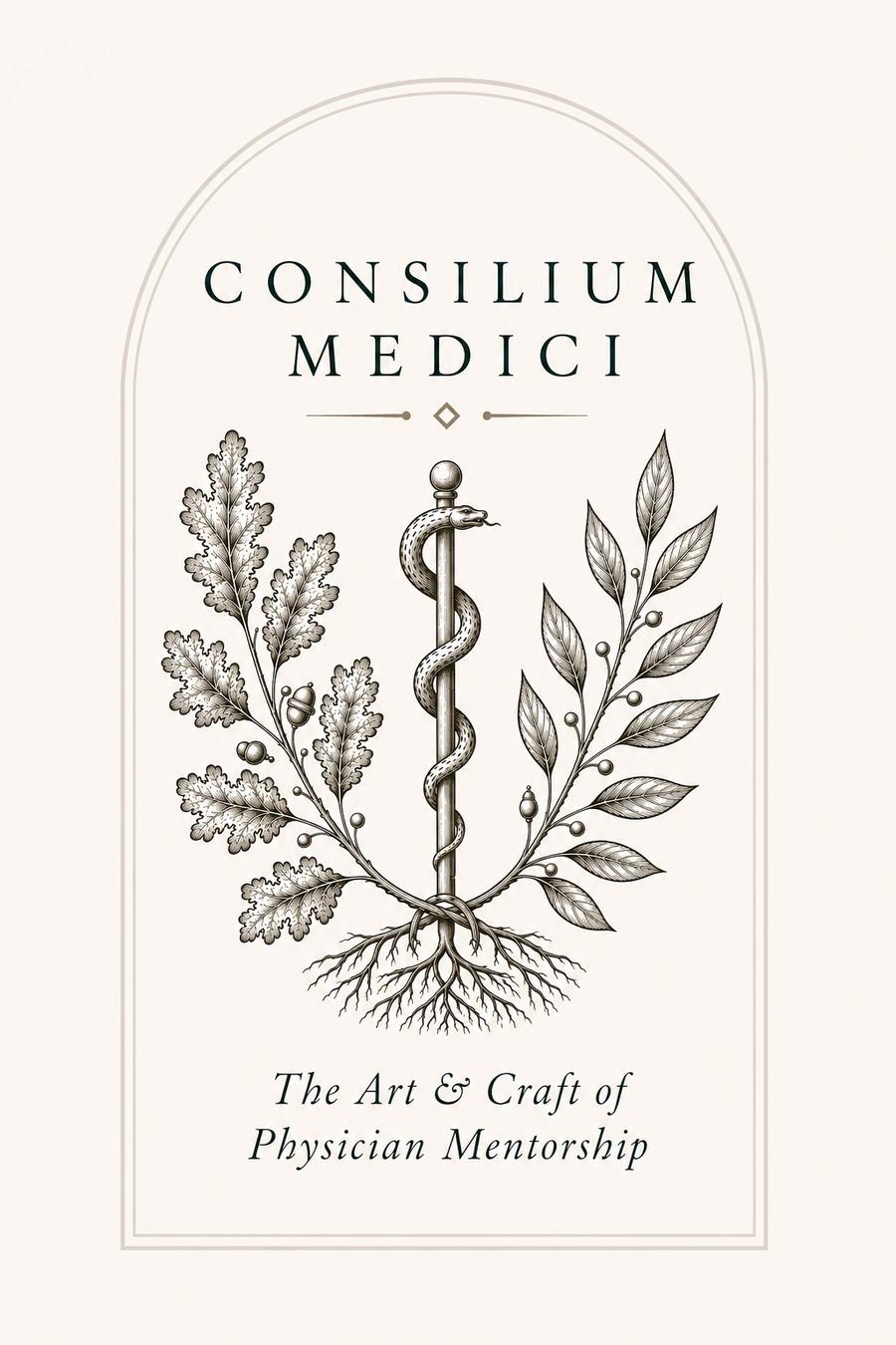 Consilium Medici — The Art & Craft of Physician Mentorship. A serpent-entwined staff framed by oak and laurel branches and roots.